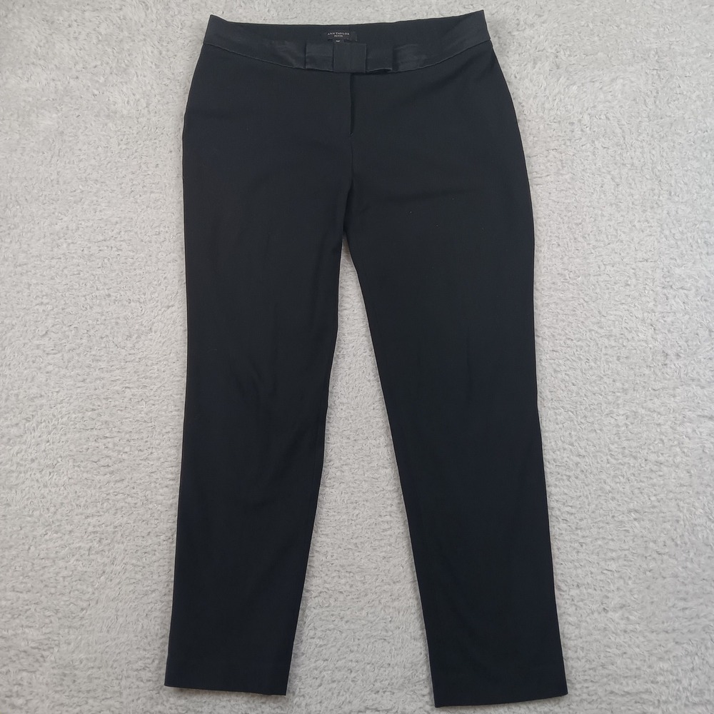 Ann Taylor Pant 8P Black Satin Bow Waistband Tapered Ankle Trouser